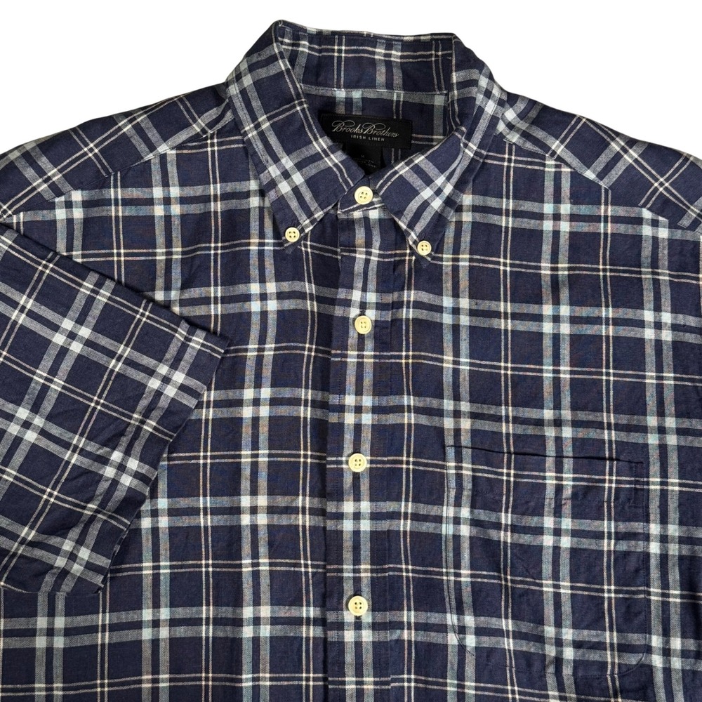 Brooks Brothers Mens M Irish Linen Plaid Short Sleeve Button Down Shirt Navy